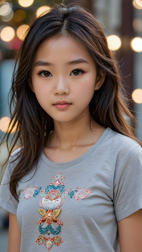 a breathtakingly realistic portrayal of a (((Asian teenage girl))) with intricate details and exquisite features. Her (((straight soft hair))) is luxuriously detailed, reflecting soft, (dimmed light) around her (13-year-old face) with its (perfectly rounded contours) and (detailed, brown eyes) that sparkle with warmth. She wears a super short, tight (grey t-shirt) that showcases her (flawlessly proportioned upper body), capturing the essence of youthful beauty and realism