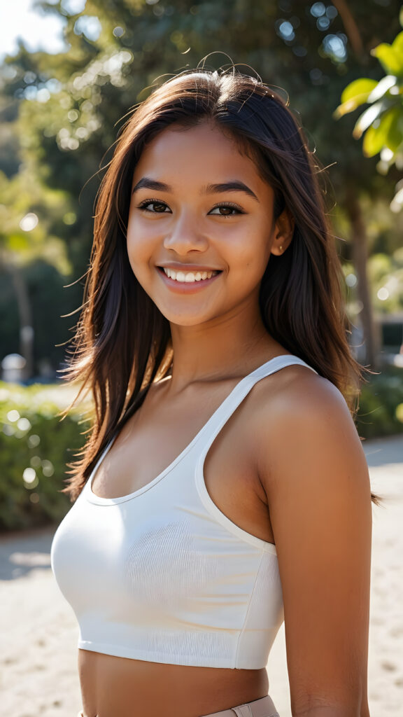 a (((brown-skinned teen girl))) with a joyful and sunny smile, wearing a sleek and fitted short crop white tank top that showcases her perfect, curves, captured in a (((flawless portrait))), with black long straight smooth hair