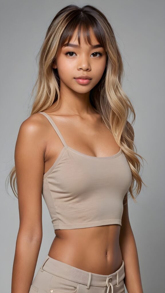 a brown-skinned (((gorgeous stunning cute young perfectly curved teen model girl, thin spaghetti cropped tank top))), 14 years old, with (((light brown-blonde very long soft jet hair, bangs))), featuring (((full lips))), and a (((small flawless round face))) ((grey background))