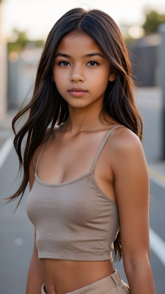 a brown-skinned (((gorgeous stunning cute young perfectly curved Indigenous teen model girl, thin spaghetti cropped tank top))), 13 years old, with (((light brown-black very long soft jet hair, bangs))), featuring (((full lips))), and a (((small flawless round face))) ((grey background))