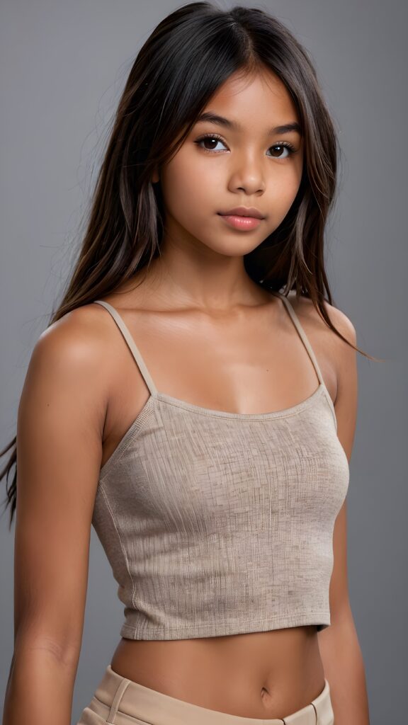 a brown-skinned (((gorgeous stunning cute young perfectly curved Indigenous teen model girl, thin spaghetti cropped tank top))), 13 years old, with (((light brown-black very long soft jet hair, bangs))), featuring (((full lips))), and a (((small flawless round face))) ((grey background))