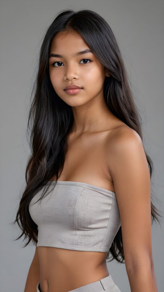 a brown-skinned (((gorgeous stunning cute young perfectly curved Indigenous teen model girl, thin cropped light-grey tube top))), 13 years old, with (((black very long soft jet hair, bangs))), featuring (((full lips))), and a (((small flawless round face))) ((grey background))