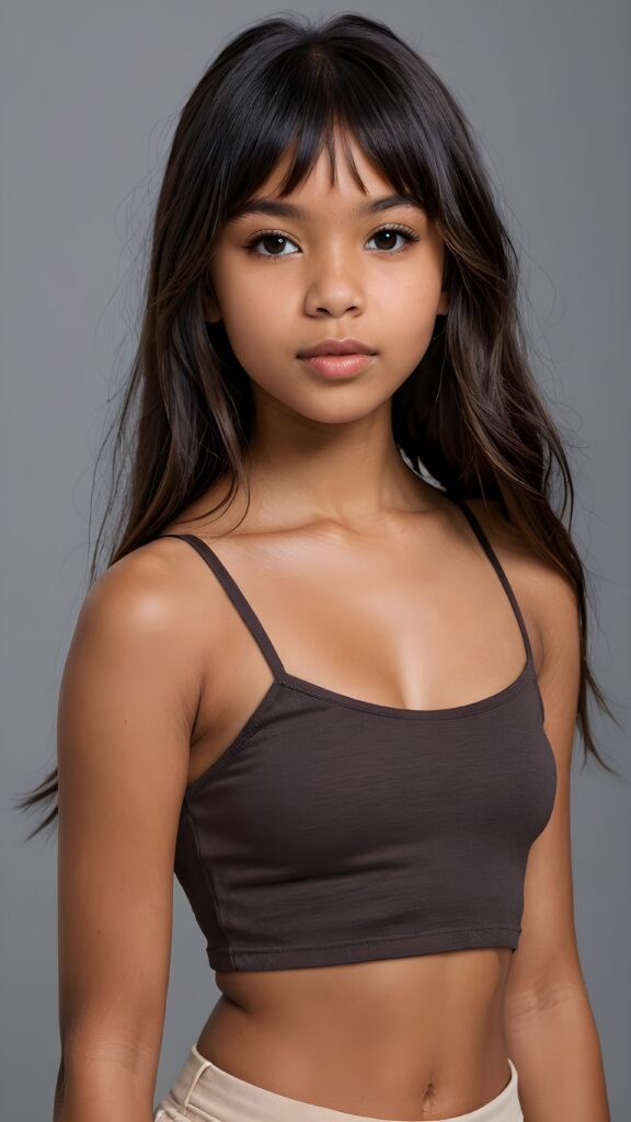 a brown-skinned (((gorgeous stunning cute young perfectly curved Indigenous teen model girl, thin spaghetti cropped tank top))), 13 years old, with (((light brown-black very long soft jet hair, bangs))), featuring (((full lips))), and a (((small flawless round face))) ((grey background))