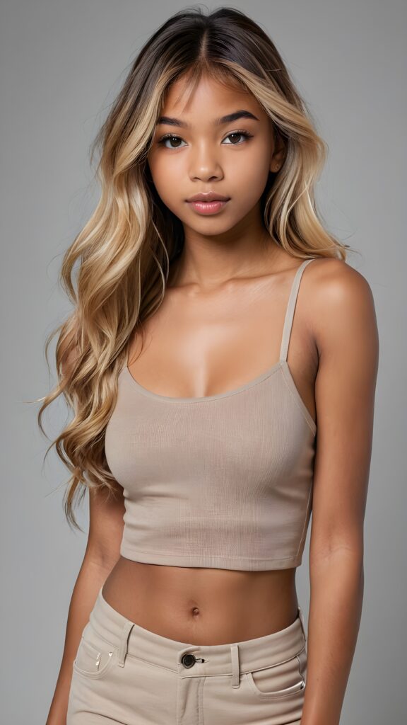 a brown-skinned (((gorgeous stunning cute young perfectly curved teen model girl, thin spaghetti cropped tank top))), 14 years old, with (((light brown-blonde very long soft jet hair, bangs))), featuring (((full lips))), and a (((small flawless round face))) ((grey background))