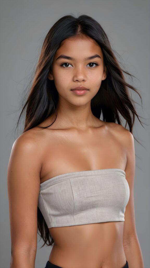 a brown-skinned (((gorgeous stunning cute young perfectly curved Indigenous teen model girl, thin cropped light-grey tube top))), 13 years old, with (((black very long soft jet hair, bangs))), featuring (((full lips))), and a (((small flawless round face))) ((grey background))