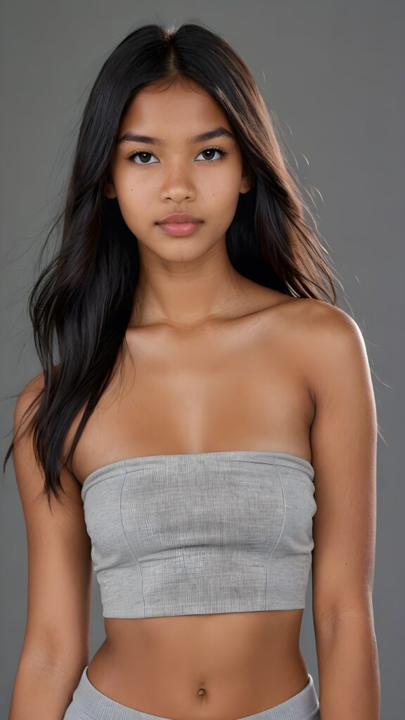 a brown-skinned (((gorgeous stunning cute young perfectly curved Indigenous teen model girl, thin cropped light-grey tube top))), 13 years old, with (((black very long soft jet hair, bangs))), featuring (((full lips))), and a (((small flawless round face))) ((grey background))