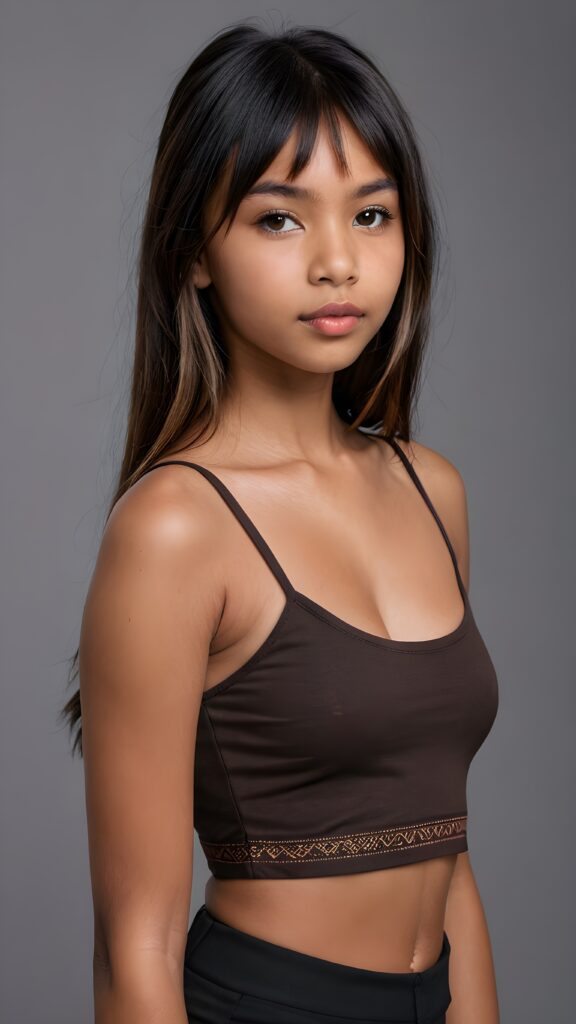 a brown-skinned (((gorgeous stunning cute young perfectly curved Indigenous teen model girl, thin spaghetti cropped tank top))), 13 years old, with (((light brown-black very long soft jet hair, bangs))), featuring (((full lips))), and a (((small flawless round face))) ((grey background))