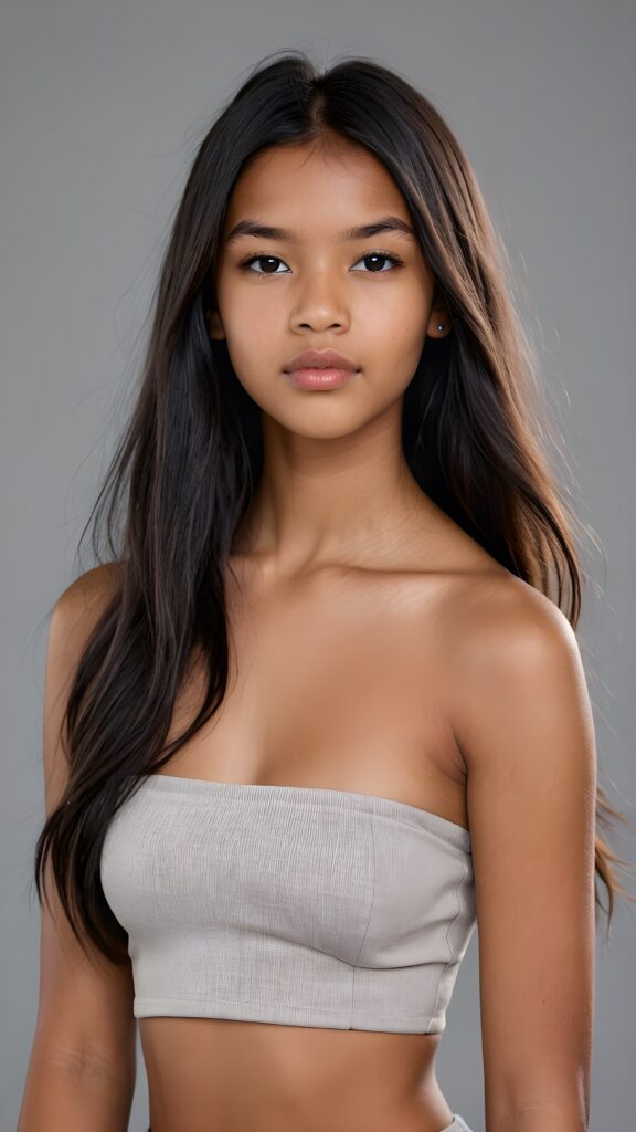 a brown-skinned (((gorgeous stunning cute young perfectly curved Indigenous teen model girl, thin cropped light-grey tube top))), 13 years old, with (((black very long soft jet hair, bangs))), featuring (((full lips))), and a (((small flawless round face))) ((grey background))