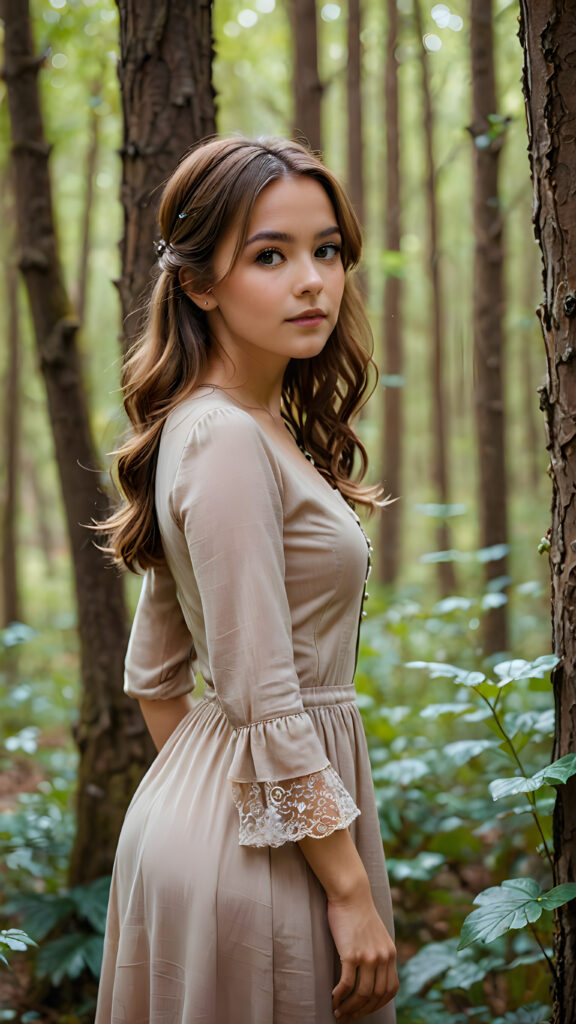 a busted girl posed in enchanted forest, thin elegant dressed, brown hair, detailed, perfect curved body, upper body, side view