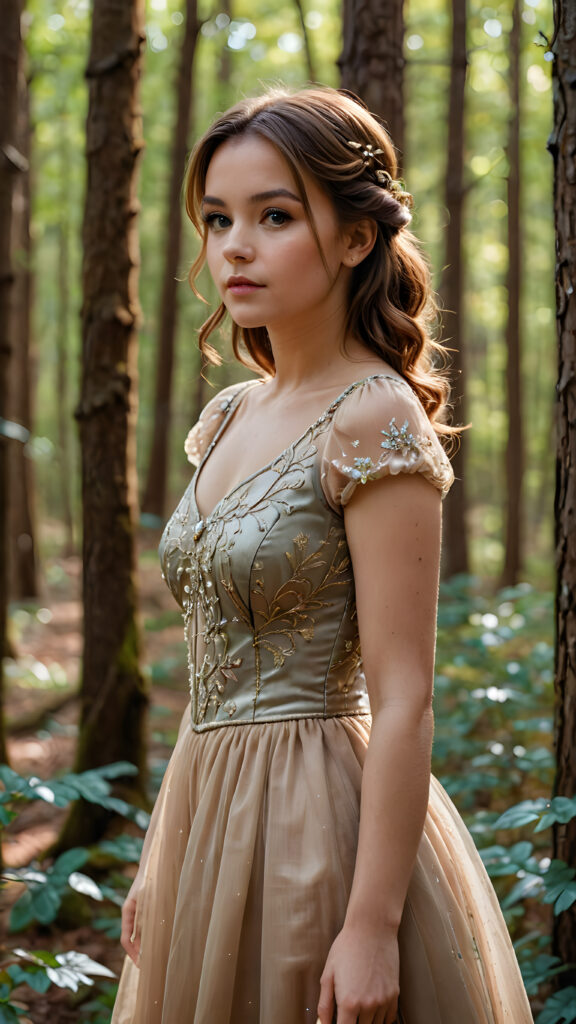 a busted girl posed in enchanted forest, thin elegant dressed, brown hair, detailed, perfect curved body, upper body, side view