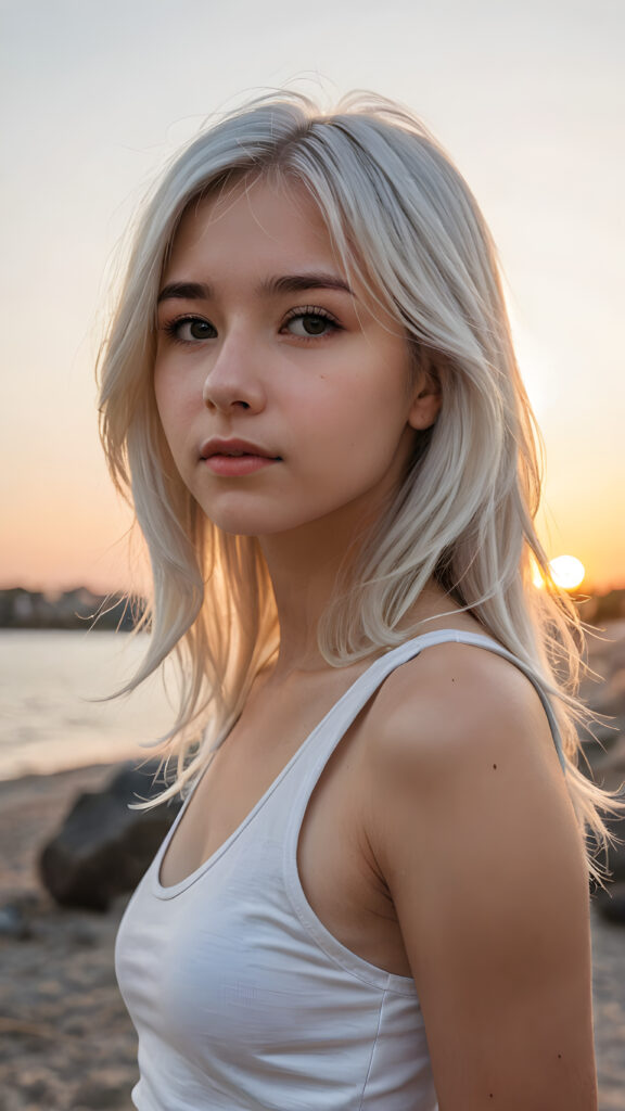 a (((cinematic scene))) featuring a (((very cute teen girl))), with details like a side-perspective hairstyle featuring bangs, straight, (((detailed long white hair))), an angelically perfect facial structure, and a super short, tight, (((plain fine tank top))) all against a backdrop of a (softly glowing, side-perspective) sunset