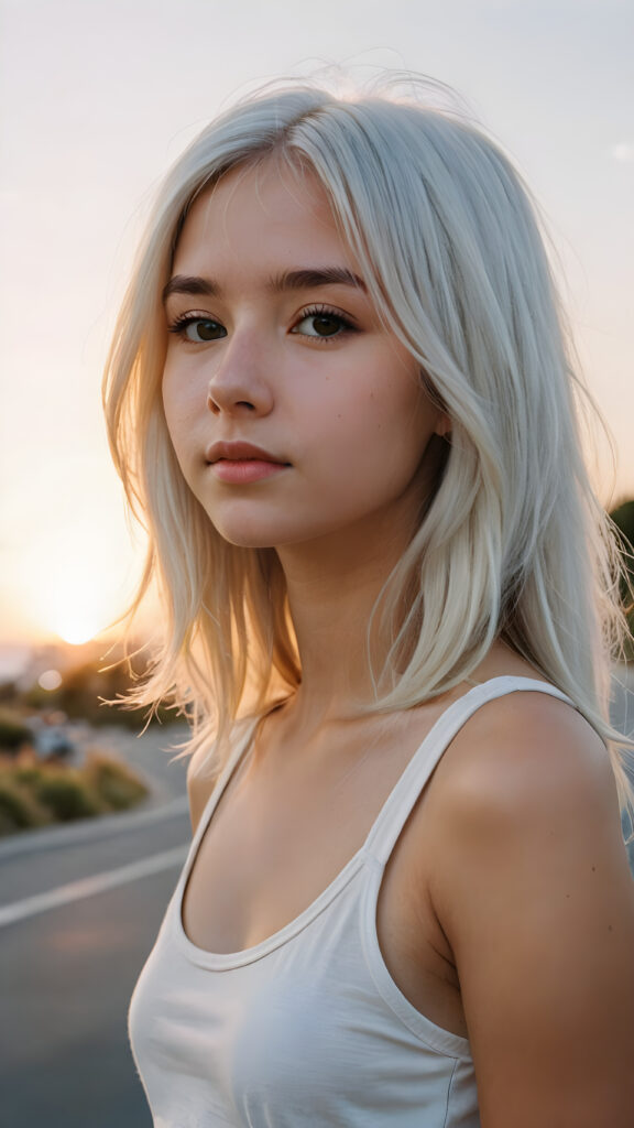 a (((cinematic scene))) featuring a (((very cute teen girl))), with details like a side-perspective hairstyle featuring bangs, straight, (((detailed long white hair))), an angelically perfect facial structure, and a super short, tight, (((plain fine tank top))) all against a backdrop of a (softly glowing, side-perspective) sunset