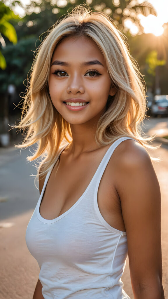 a (((cinematic scene))) featuring a (((very cute well busty tanned Indonesian teen girl))), straight, (((detailed long summer light blonde super soft hair))), (((detailed amber eyes))), an angelically perfect facial structure, and a super short, tight, (((plain fine tank top, deep v-neck))), detailed round face, full kissable lips, smile, white teeth, all against a backdrop of a (softly glowing, side-perspective) sunset