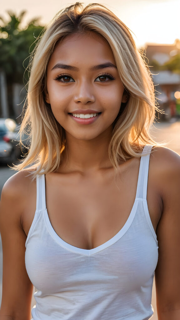 a (((cinematic scene))) featuring a (((very cute well busty tanned Indonesian teen girl))), straight, (((detailed long summer light blonde super soft hair))), (((detailed amber eyes))), an angelically perfect facial structure, and a super short, tight, (((plain fine tank top, deep v-neck))), detailed round face, full kissable lips, smile, white teeth, all against a backdrop of a (softly glowing, side-perspective) sunset