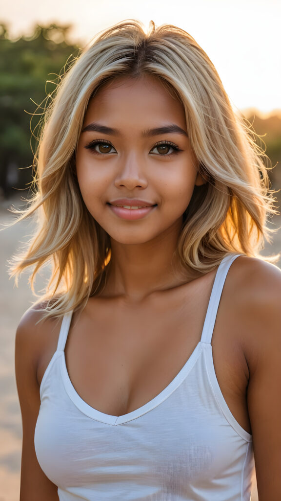 a (((cinematic scene))) featuring a (((very cute well busty tanned Indonesian teen girl))), straight, (((detailed long summer light blonde super soft hair))), (((detailed amber eyes))), an angelically perfect facial structure, and a super short, tight, (((plain fine tank top, deep v-neck))), detailed round face, full kissable lips, smile, white teeth, all against a backdrop of a (softly glowing, side-perspective) sunset