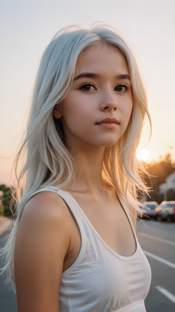 a (((cinematic scene))) featuring a (((very cute teen girl))), with details like a side-perspective hairstyle featuring bangs, straight, (((detailed long white hair))), an angelically perfect facial structure, and a super short, tight, (((plain fine tank top))) all against a backdrop of a (softly glowing, side-perspective) sunset