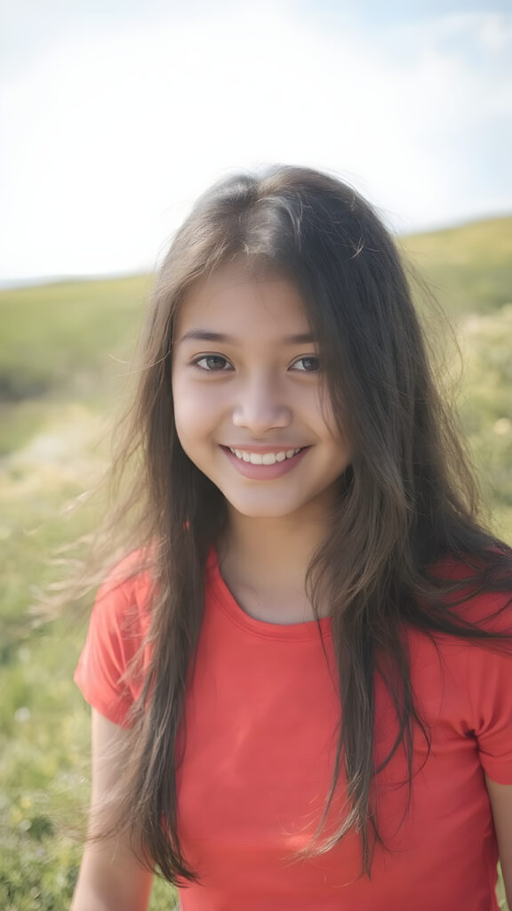 a close up portrait (((vividly beautiful girl))), with long, flowing, black straight hair, and (((brightly happy and radiating eyes))), dressed in a ((short cropped red t-shirt)) that accentuates her perfect curved body in a sunny green backdrop. The scene is set against a backdrop of a breathtakingly colorful scenic with a clear blue sky overhead and softly swirling winds at the edges of the dress, giving the image a timeless and otherworldly quality. The image exudes an air of pure joy and natural elegance.