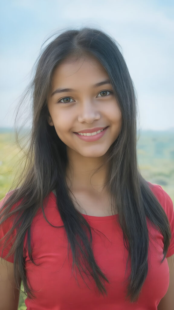 a close up portrait (((vividly beautiful girl))), with long, flowing, black straight hair, and (((brightly happy and radiating eyes))), dressed in a ((short cropped red t-shirt)) that accentuates her perfect curved body in a sunny green backdrop. The scene is set against a backdrop of a breathtakingly colorful scenic with a clear blue sky overhead and softly swirling winds at the edges of the dress, giving the image a timeless and otherworldly quality. The image exudes an air of pure joy and natural elegance.