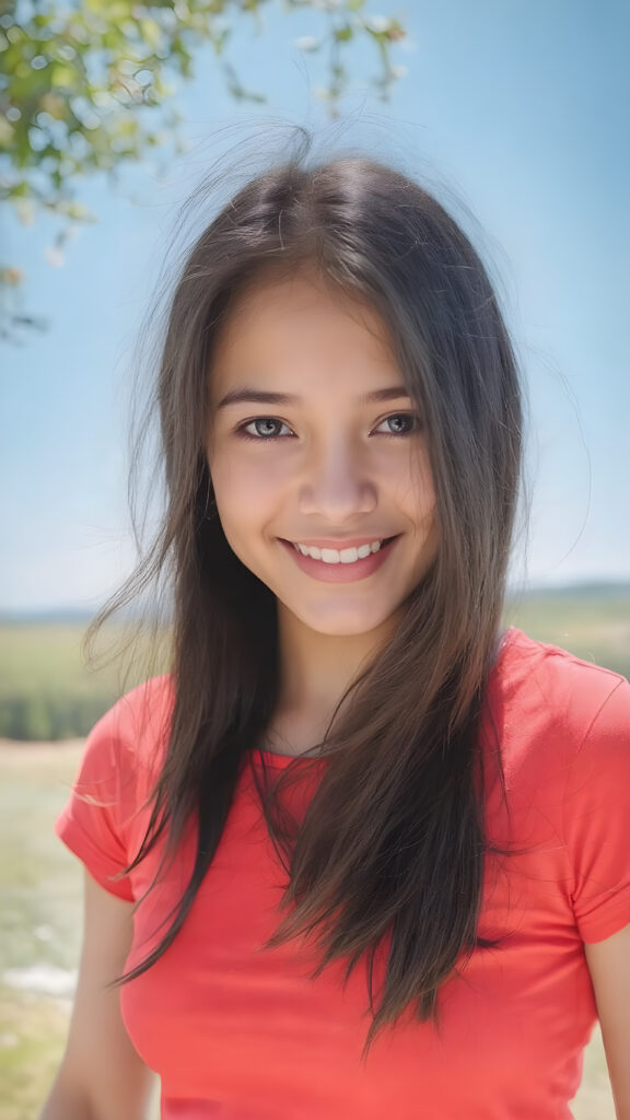 a close up portrait (((vividly beautiful girl))), with long, flowing, black straight hair, and (((brightly happy and radiating eyes))), dressed in a ((short cropped red t-shirt)) that accentuates her perfect curved body in a sunny green backdrop. The scene is set against a backdrop of a breathtakingly colorful scenic with a clear blue sky overhead and softly swirling winds at the edges of the dress, giving the image a timeless and otherworldly quality. The image exudes an air of pure joy and natural elegance.