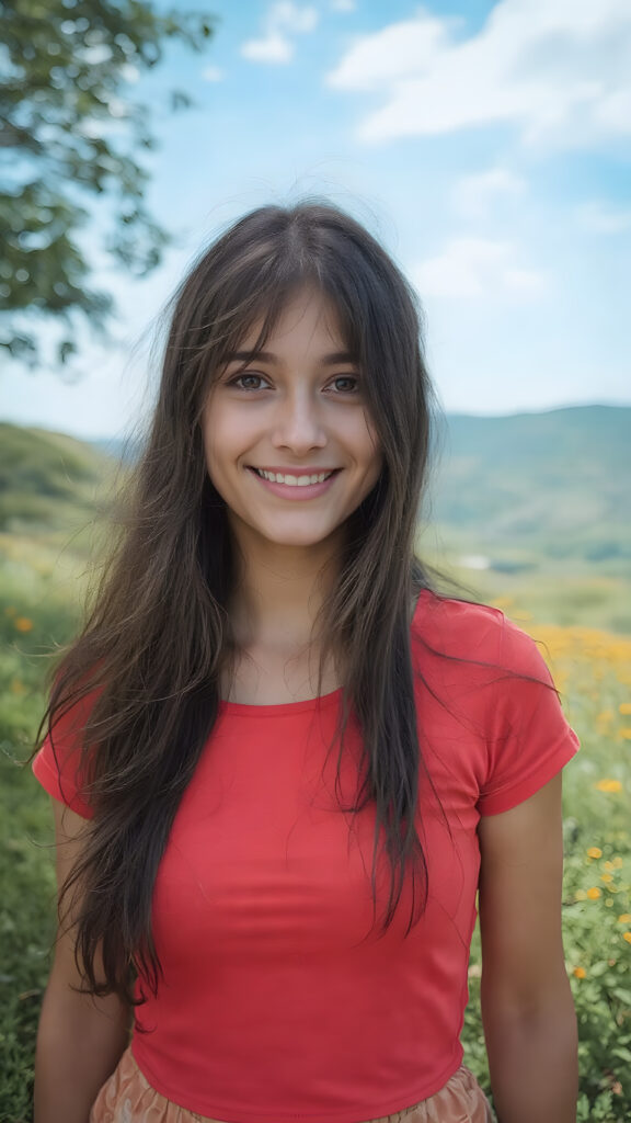 a close up portrait (((vividly beautiful girl))), with long, flowing, black straight hair, and (((brightly happy and radiating eyes))), dressed in a ((short cropped red t-shirt)) that accentuates her perfect curved body in a sunny green backdrop. The scene is set against a backdrop of a breathtakingly colorful scenic with a clear blue sky overhead and softly swirling winds at the edges of the dress, giving the image a timeless and otherworldly quality. The image exudes an air of pure joy and natural elegance.