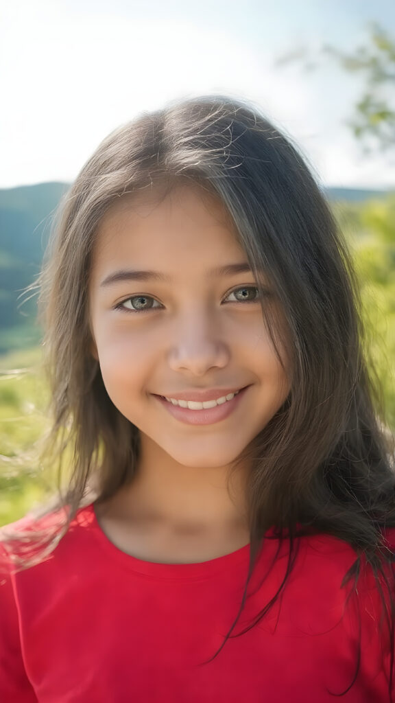 a close up portrait (((vividly beautiful girl))), with long, flowing, black straight hair, and (((brightly happy and radiating eyes))), dressed in a ((short cropped red t-shirt)) that accentuates her perfect curved body in a sunny green backdrop. The scene is set against a backdrop of a breathtakingly colorful scenic with a clear blue sky overhead and softly swirling winds at the edges of the dress, giving the image a timeless and otherworldly quality. The image exudes an air of pure joy and natural elegance.