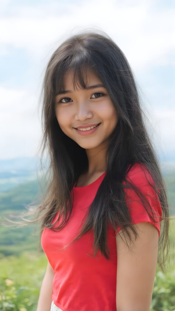 a close up portrait (((vividly beautiful girl))), with long, flowing, black straight hair, and (((brightly happy and radiating eyes))), dressed in a ((short cropped red t-shirt)) that accentuates her perfect curved body in a sunny green backdrop. The scene is set against a backdrop of a breathtakingly colorful scenic with a clear blue sky overhead and softly swirling winds at the edges of the dress, giving the image a timeless and otherworldly quality. The image exudes an air of pure joy and natural elegance.