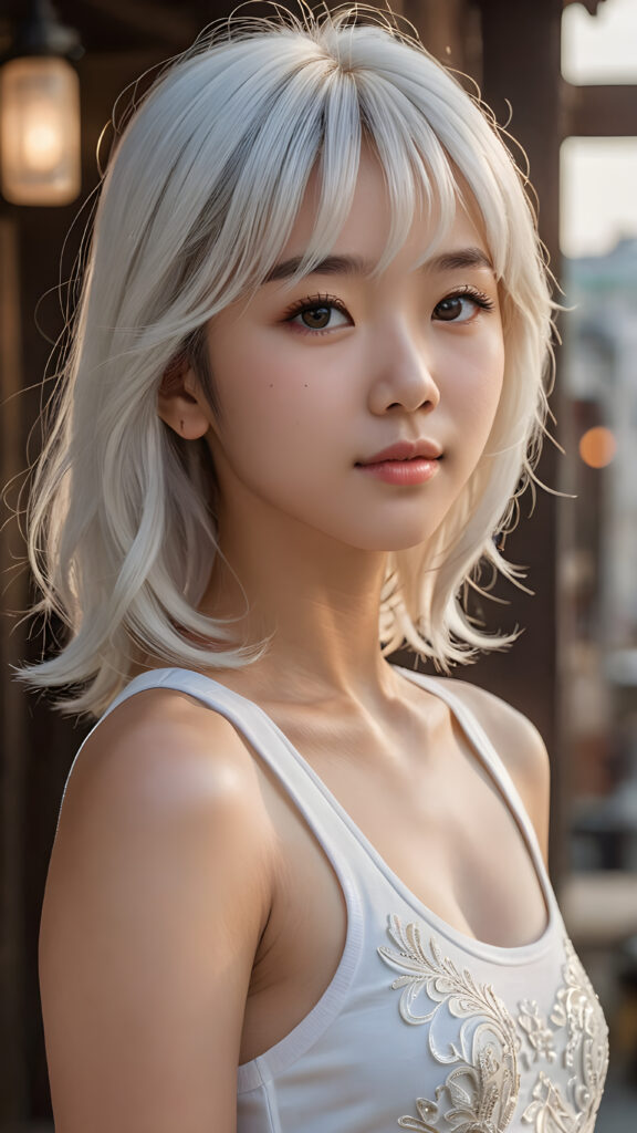 a (((cute 13-year-old girl with intricate Korean-style bangs))), featuring highly detailed, ((ultra realistic long detailed soft white hair that extends beyond her shoulders)), she’s clad in a (((perfectly curved and fitted white short tank top))), with a stunning face that exudes realism, complete with glowing, ultra-realistic amber eyes and delicate, detailed maroon straight hair that flows down her back. Her skin is highly detailed, with subtle wrinkles and a warm smile that draws the viewer in. Captured in an incredibly advanced image with deeply saturated colors, advanced film grain, and a soft focus that creates a sense of beauty and wonder. This advanced image represents the pinnacle of digital artistry, with unparalleled detail and advanced technology, making it a true masterpiece that pushes the boundaries of what is possible