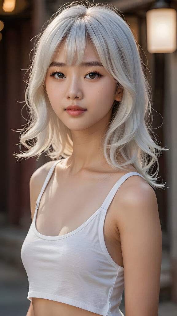 a (((cute 13-year-old girl with intricate Korean-style bangs))), featuring highly detailed, ((ultra realistic long detailed soft white hair that extends beyond her shoulders)), she’s clad in a (((perfectly curved and fitted white short tank top))), with a stunning face that exudes realism, complete with glowing, ultra-realistic amber eyes and delicate, detailed maroon straight hair that flows down her back. Her skin is highly detailed, with subtle wrinkles and a warm smile that draws the viewer in. Captured in an incredibly advanced image with deeply saturated colors, advanced film grain, and a soft focus that creates a sense of beauty and wonder. This advanced image represents the pinnacle of digital artistry, with unparalleled detail and advanced technology, making it a true masterpiece that pushes the boundaries of what is possible