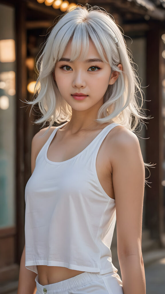 a (((cute 13-year-old girl with intricate Korean-style bangs))), featuring highly detailed, ((ultra realistic long detailed soft white hair that extends beyond her shoulders)), she’s clad in a (((perfectly curved and fitted white short tank top))), with a stunning face that exudes realism, complete with glowing, ultra-realistic amber eyes and delicate, detailed maroon straight hair that flows down her back. Her skin is highly detailed, with subtle wrinkles and a warm smile that draws the viewer in. Captured in an incredibly advanced image with deeply saturated colors, advanced film grain, and a soft focus that creates a sense of beauty and wonder. This advanced image represents the pinnacle of digital artistry, with unparalleled detail and advanced technology, making it a true masterpiece that pushes the boundaries of what is possible