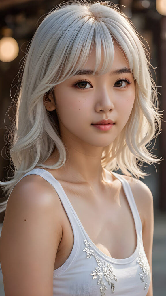 a (((cute 13-year-old girl with intricate Korean-style bangs))), featuring highly detailed, ((ultra realistic long detailed soft white hair that extends beyond her shoulders)), she’s clad in a (((perfectly curved and fitted white short tank top))), with a stunning face that exudes realism, complete with glowing, ultra-realistic amber eyes and delicate, detailed maroon straight hair that flows down her back. Her skin is highly detailed, with subtle wrinkles and a warm smile that draws the viewer in. Captured in an incredibly advanced image with deeply saturated colors, advanced film grain, and a soft focus that creates a sense of beauty and wonder. This advanced image represents the pinnacle of digital artistry, with unparalleled detail and advanced technology, making it a true masterpiece that pushes the boundaries of what is possible