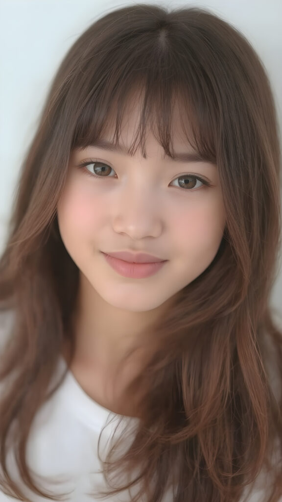 a (((cute 16-year-old Filipino girl with intricate Korean-style bangs))), featuring highly detailed, ultra realistic hair that extends beyond her shoulders. She’s clad in a (((perfectly curved and fitted white short shirt))), with a stunning face that exudes realism, complete with glowing, ultra-realistic amber eyes and delicate, detailed maroon straight hair that flows down her back. Her skin is highly detailed, with subtle wrinkles and a warm smile that draws the viewer in. Captured in an incredibly advanced image with deeply saturated colors, advanced film grain, and a soft focus that creates a sense of beauty and wonder. This advanced image represents the pinnacle of digital artistry, with unparalleled detail and advanced technology, making it a true masterpiece that pushes the boundaries of what is possible