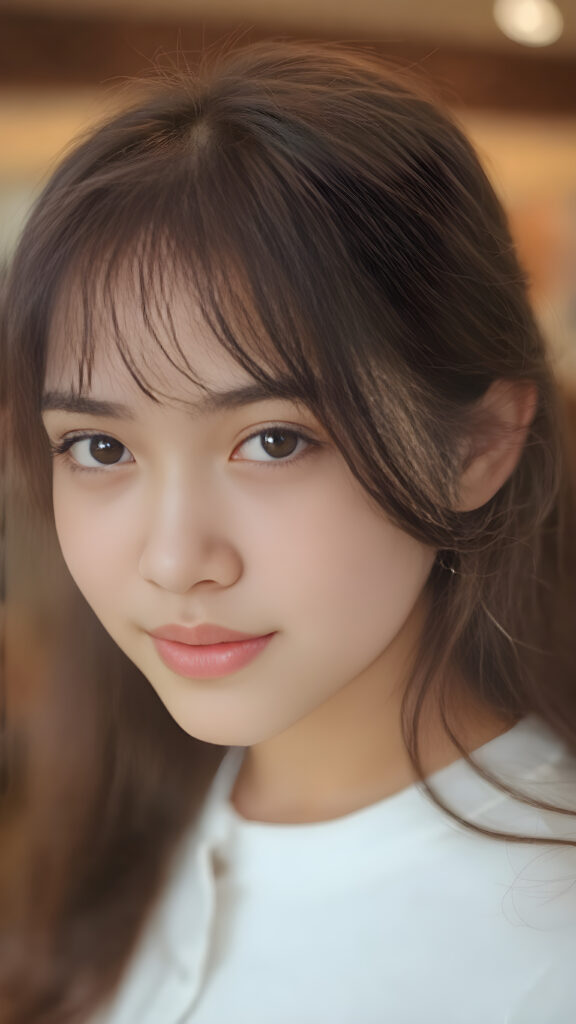 a (((cute 16-year-old Filipino girl with intricate Korean-style bangs))), featuring highly detailed, ultra realistic hair that extends beyond her shoulders. She’s clad in a (((perfectly curved and fitted white short cropped tank top))), with a stunning face that exudes realism, complete with glowing, ultra-realistic amber eyes and delicate, detailed maroon straight hair that flows down her back. Her skin is highly detailed, with subtle wrinkles and a warm smile that draws the viewer in. Captured in an incredibly advanced image with deeply saturated colors, advanced film grain, and a soft focus that creates a sense of beauty and wonder. This advanced image represents the pinnacle of digital artistry, with unparalleled detail and advanced technology, making it a true masterpiece that pushes the boundaries of what is possible