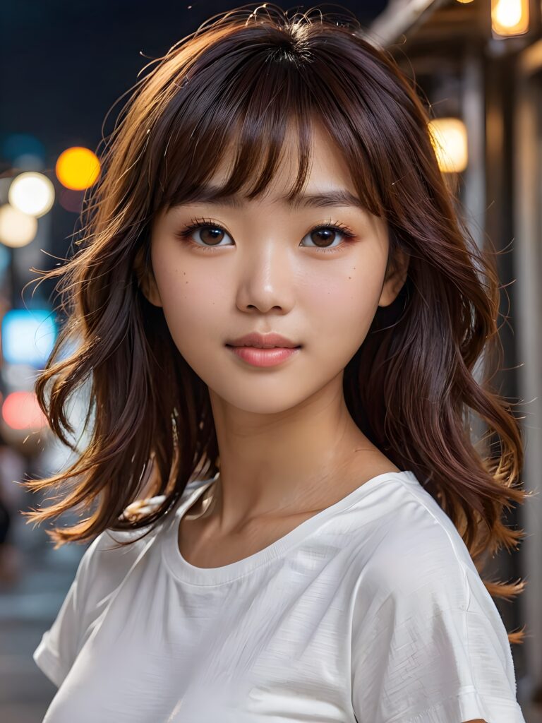 a (((cute 16-year-old Filipino girl with intricate Korean-style bangs))), featuring highly detailed, ultra realistic hair that extends beyond her shoulders. She's clad in a (((perfectly curved and fitted white short t-shirt))), with a stunning face that exudes realism, complete with glowing, ultra-realistic amber eyes and delicate, detailed maroon straight hair that flows down her back. Her skin is highly detailed, with subtle wrinkles and a warm smile that draws the viewer in. Captured in an incredibly advanced image with deeply saturated colors, advanced film grain, and a soft focus that creates a sense of beauty and wonder. This advanced image represents the pinnacle of digital artistry, with unparalleled detail and advanced technology, making it a true masterpiece that pushes the boundaries of what is possible