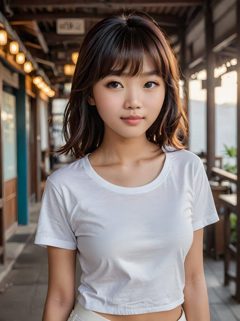 a (((cute 16-year-old Filipino girl with intricate Korean-style bangs))), featuring highly detailed, ultra realistic hair that extends beyond her shoulders. She's clad in a (((perfectly curved and fitted white short t-shirt))), with a stunning face that exudes realism, complete with glowing, ultra-realistic amber eyes and delicate, detailed maroon straight hair that flows down her back. Her skin is highly detailed, with subtle wrinkles and a warm smile that draws the viewer in. Captured in an incredibly advanced image with deeply saturated colors, advanced film grain, and a soft focus that creates a sense of beauty and wonder. This advanced image represents the pinnacle of digital artistry, with unparalleled detail and advanced technology, making it a true masterpiece that pushes the boundaries of what is possible