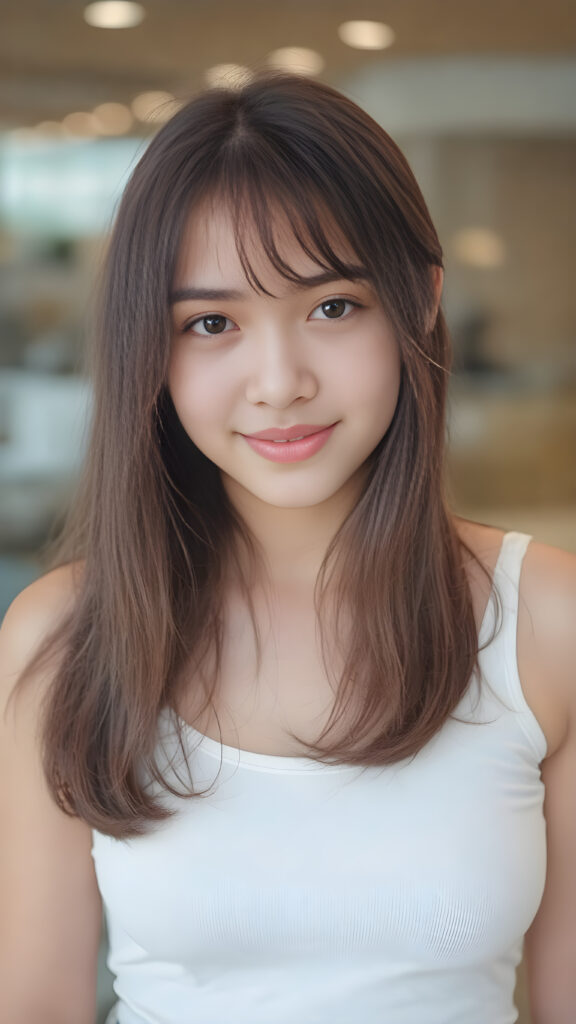 a (((cute 16-year-old Filipino girl with intricate Korean-style bangs))), featuring highly detailed, ultra realistic hair that extends beyond her shoulders. She’s clad in a (((perfectly curved and fitted white short cropped tank top))), with a stunning face that exudes realism, complete with glowing, ultra-realistic amber eyes and delicate, detailed maroon straight hair that flows down her back. Her skin is highly detailed, with subtle wrinkles and a warm smile that draws the viewer in. Captured in an incredibly advanced image with deeply saturated colors, advanced film grain, and a soft focus that creates a sense of beauty and wonder. This advanced image represents the pinnacle of digital artistry, with unparalleled detail and advanced technology, making it a true masterpiece that pushes the boundaries of what is possible