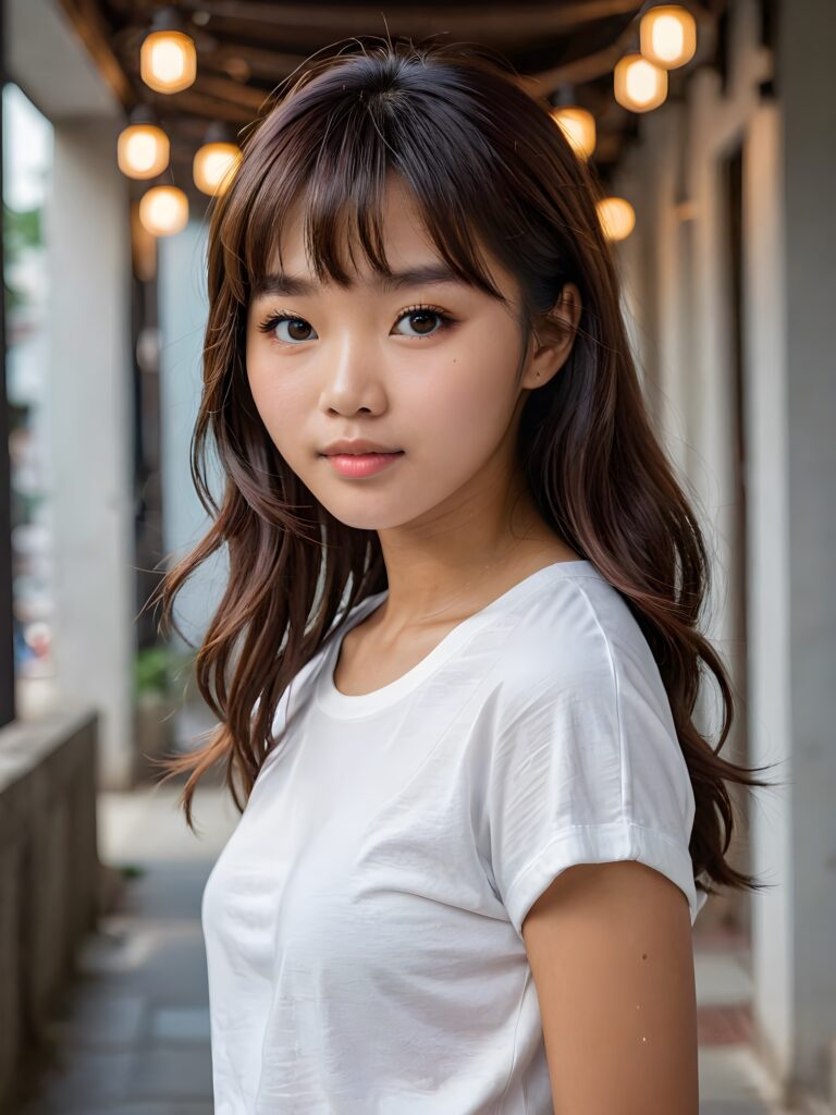 a (((cute 16-year-old Filipino girl with intricate Korean-style bangs))), featuring highly detailed, ultra realistic hair that extends beyond her shoulders. She's clad in a (((perfectly curved and fitted white short t-shirt))), with a stunning face that exudes realism, complete with glowing, ultra-realistic amber eyes and delicate, detailed maroon straight hair that flows down her back. Her skin is highly detailed, with subtle wrinkles and a warm smile that draws the viewer in. Captured in an incredibly advanced image with deeply saturated colors, advanced film grain, and a soft focus that creates a sense of beauty and wonder. This advanced image represents the pinnacle of digital artistry, with unparalleled detail and advanced technology, making it a true masterpiece that pushes the boundaries of what is possible