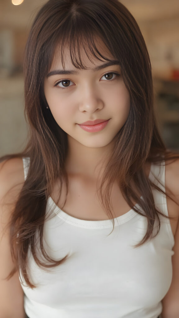 a (((cute 16-year-old Filipino girl with intricate Korean-style bangs))), featuring highly detailed, ultra realistic hair that extends beyond her shoulders. She’s clad in a (((perfectly curved and fitted white short cropped tank top))), with a stunning face that exudes realism, complete with glowing, ultra-realistic amber eyes and delicate, detailed maroon straight hair that flows down her back. Her skin is highly detailed, with subtle wrinkles and a warm smile that draws the viewer in. Captured in an incredibly advanced image with deeply saturated colors, advanced film grain, and a soft focus that creates a sense of beauty and wonder. This advanced image represents the pinnacle of digital artistry, with unparalleled detail and advanced technology, making it a true masterpiece that pushes the boundaries of what is possible