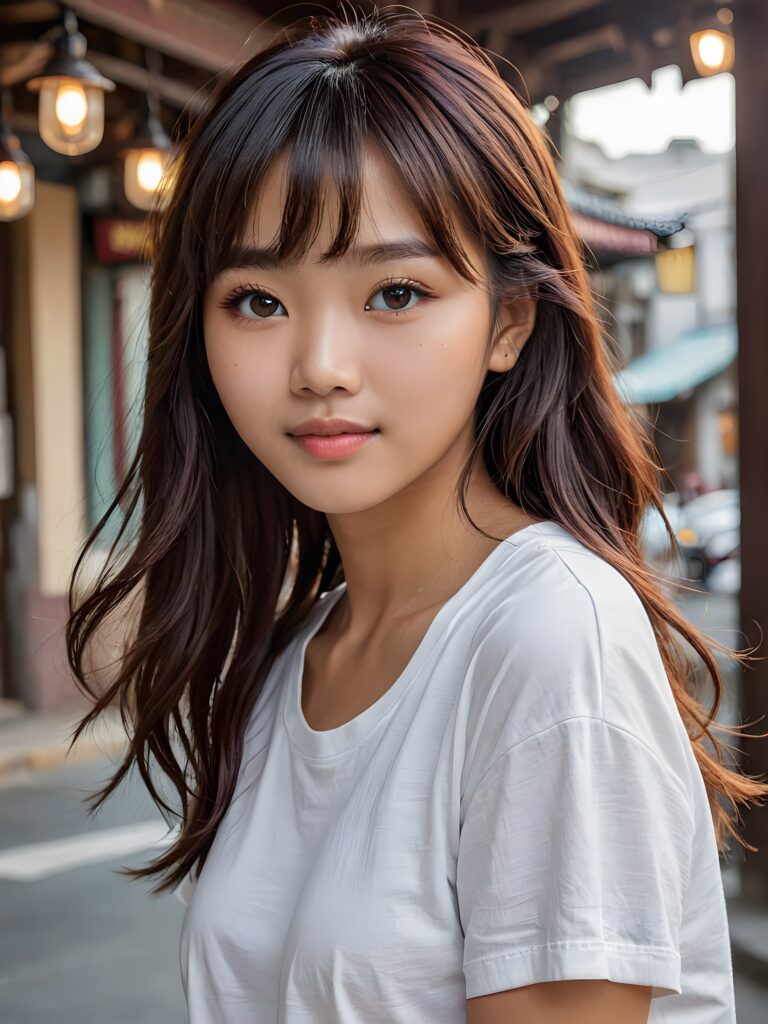 a (((cute 16-year-old Filipino girl with intricate Korean-style bangs))), featuring highly detailed, ultra realistic hair that extends beyond her shoulders. She's clad in a (((perfectly curved and fitted white short t-shirt))), with a stunning face that exudes realism, complete with glowing, ultra-realistic amber eyes and delicate, detailed maroon straight hair that flows down her back. Her skin is highly detailed, with subtle wrinkles and a warm smile that draws the viewer in. Captured in an incredibly advanced image with deeply saturated colors, advanced film grain, and a soft focus that creates a sense of beauty and wonder. This advanced image represents the pinnacle of digital artistry, with unparalleled detail and advanced technology, making it a true masterpiece that pushes the boundaries of what is possible