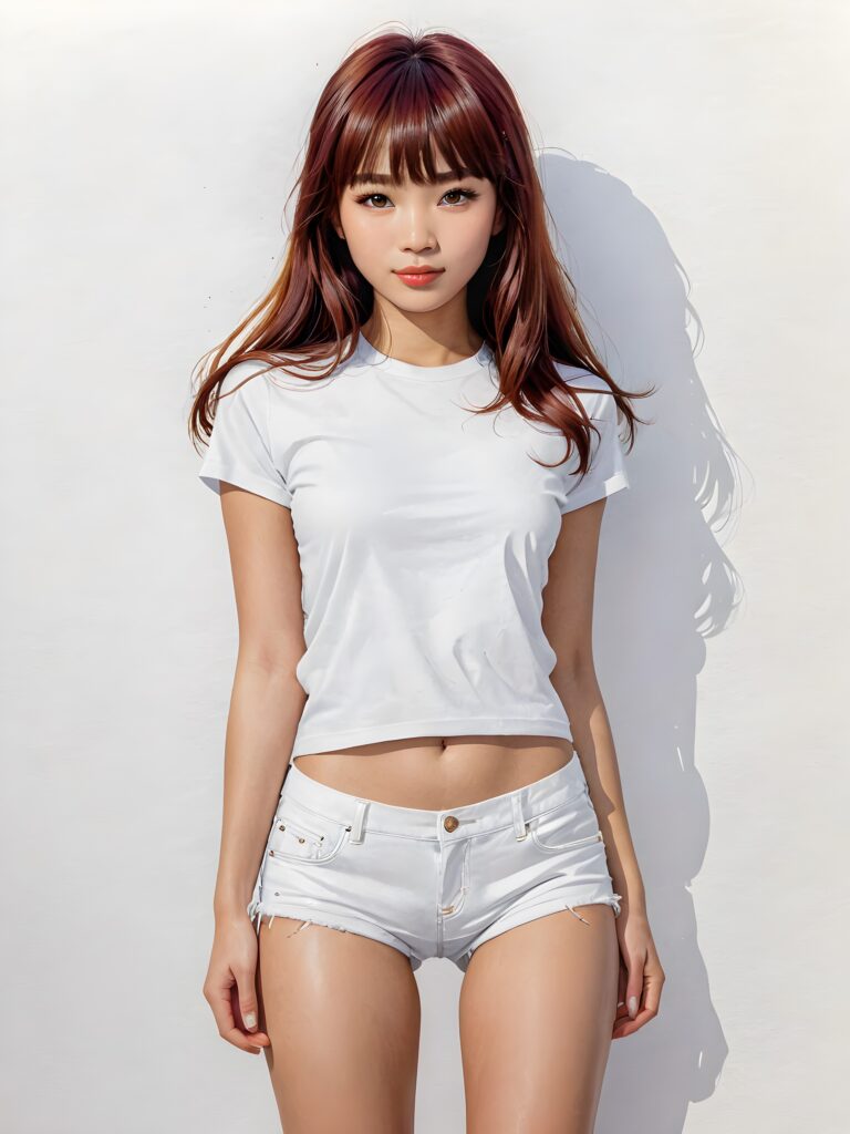 a (((cute 16-year-old Filipino girl with intricate ((bangs)), featuring highly detailed, ultra realistic hair that extends beyond her shoulders. She's clad in a (((perfectly curved and fitted white short t-shirt))), with a stunning face that exudes realism, complete with glowing, ultra-realistic amber eyes and delicate, detailed maroon straight hair that flows down her back. Her skin is highly detailed, with subtle wrinkles and a warm smile that draws the viewer in. Captured in an incredibly advanced image with deeply saturated colors, advanced film grain, and a soft focus that creates a sense of beauty and wonder. This advanced image represents the pinnacle of digital artistry, with unparalleled detail and advanced technology, making it a true masterpiece that pushes the boundaries of what is possible