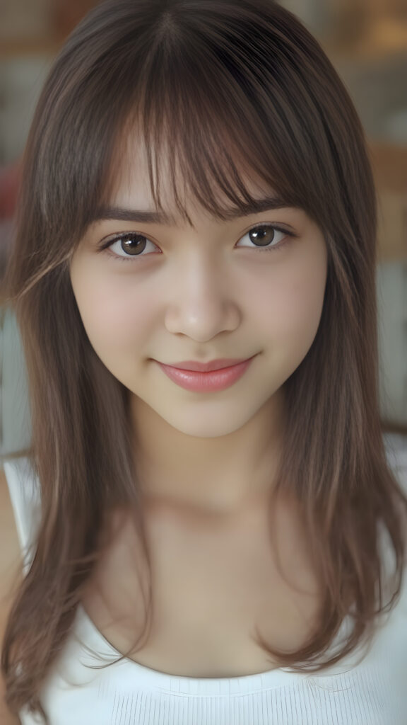 a (((cute 16-year-old Filipino girl with intricate Korean-style bangs))), featuring highly detailed, ultra realistic hair that extends beyond her shoulders. She’s clad in a (((perfectly curved and fitted white short cropped tank top))), with a stunning face that exudes realism, complete with glowing, ultra-realistic amber eyes and delicate, detailed maroon straight hair that flows down her back. Her skin is highly detailed, with subtle wrinkles and a warm smile that draws the viewer in. Captured in an incredibly advanced image with deeply saturated colors, advanced film grain, and a soft focus that creates a sense of beauty and wonder. This advanced image represents the pinnacle of digital artistry, with unparalleled detail and advanced technology, making it a true masterpiece that pushes the boundaries of what is possible