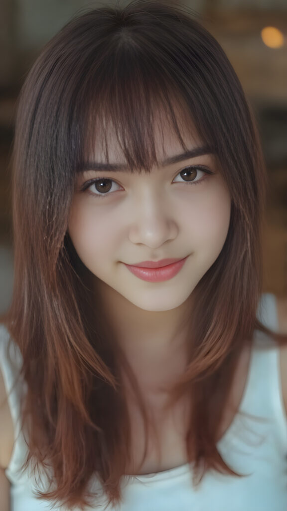 a (((cute 16-year-old Filipino girl with intricate Korean-style bangs))), featuring highly detailed, ultra realistic hair that extends beyond her shoulders. She’s clad in a (((perfectly curved and fitted white short cropped tank top))), with a stunning face that exudes realism, complete with glowing, ultra-realistic amber eyes and delicate, detailed maroon straight hair that flows down her back. Her skin is highly detailed, with subtle wrinkles and a warm smile that draws the viewer in. Captured in an incredibly advanced image with deeply saturated colors, advanced film grain, and a soft focus that creates a sense of beauty and wonder. This advanced image represents the pinnacle of digital artistry, with unparalleled detail and advanced technology, making it a true masterpiece that pushes the boundaries of what is possible