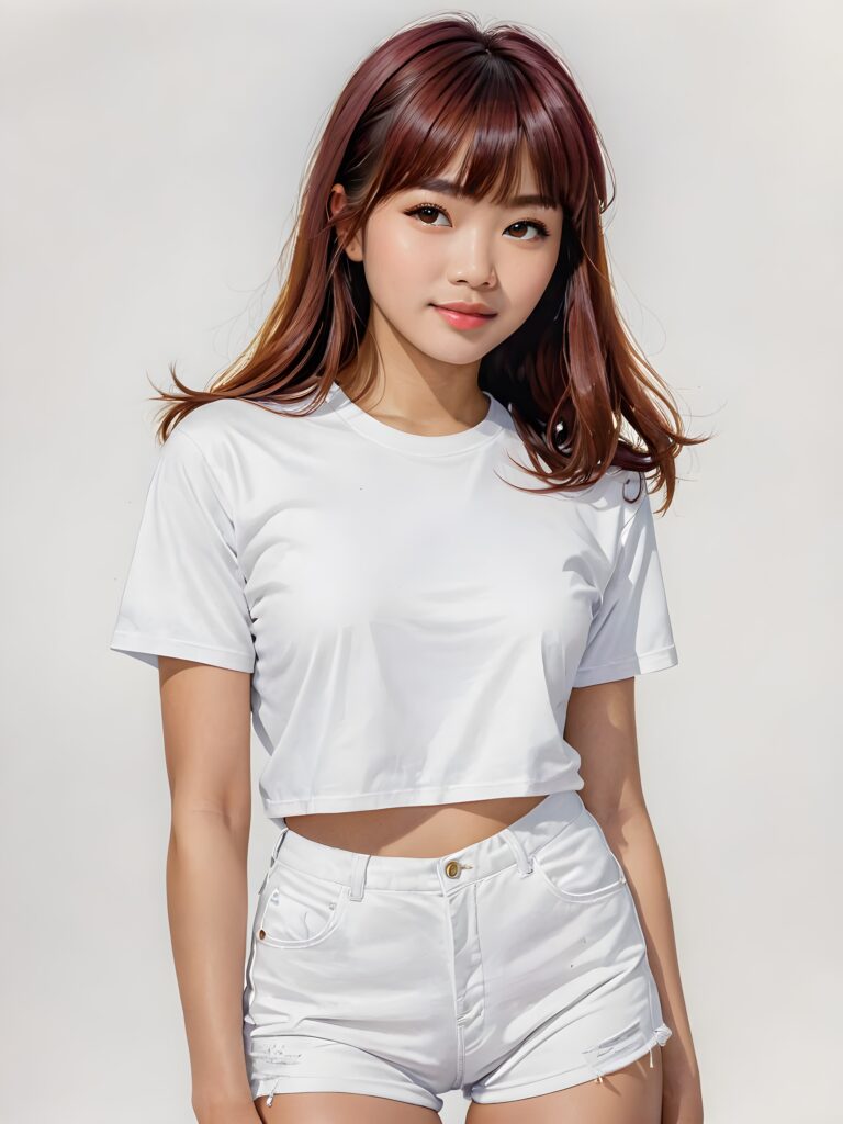 a (((cute 16-year-old Filipino girl with intricate ((bangs)), featuring highly detailed, ultra realistic hair that extends beyond her shoulders. She's clad in a (((perfectly curved and fitted white short t-shirt))), with a stunning face that exudes realism, complete with glowing, ultra-realistic amber eyes and delicate, detailed maroon straight hair that flows down her back. Her skin is highly detailed, with subtle wrinkles and a warm smile that draws the viewer in. Captured in an incredibly advanced image with deeply saturated colors, advanced film grain, and a soft focus that creates a sense of beauty and wonder. This advanced image represents the pinnacle of digital artistry, with unparalleled detail and advanced technology, making it a true masterpiece that pushes the boundaries of what is possible