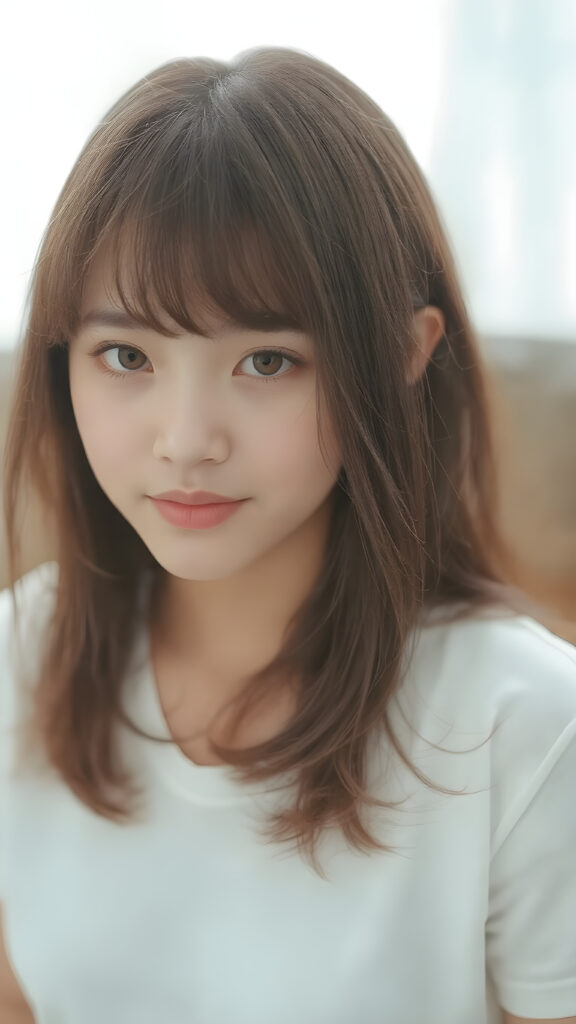 a (((cute 16-year-old Filipino girl with intricate Korean-style bangs))), featuring highly detailed, ultra realistic hair that extends beyond her shoulders. She’s clad in a (((perfectly curved and fitted white short cropped tank top))), with a stunning face that exudes realism, complete with glowing, ultra-realistic amber eyes and delicate, detailed maroon straight hair that flows down her back. Her skin is highly detailed, with subtle wrinkles and a warm smile that draws the viewer in. Captured in an incredibly advanced image with deeply saturated colors, advanced film grain, and a soft focus that creates a sense of beauty and wonder. This advanced image represents the pinnacle of digital artistry, with unparalleled detail and advanced technology, making it a true masterpiece that pushes the boundaries of what is possible