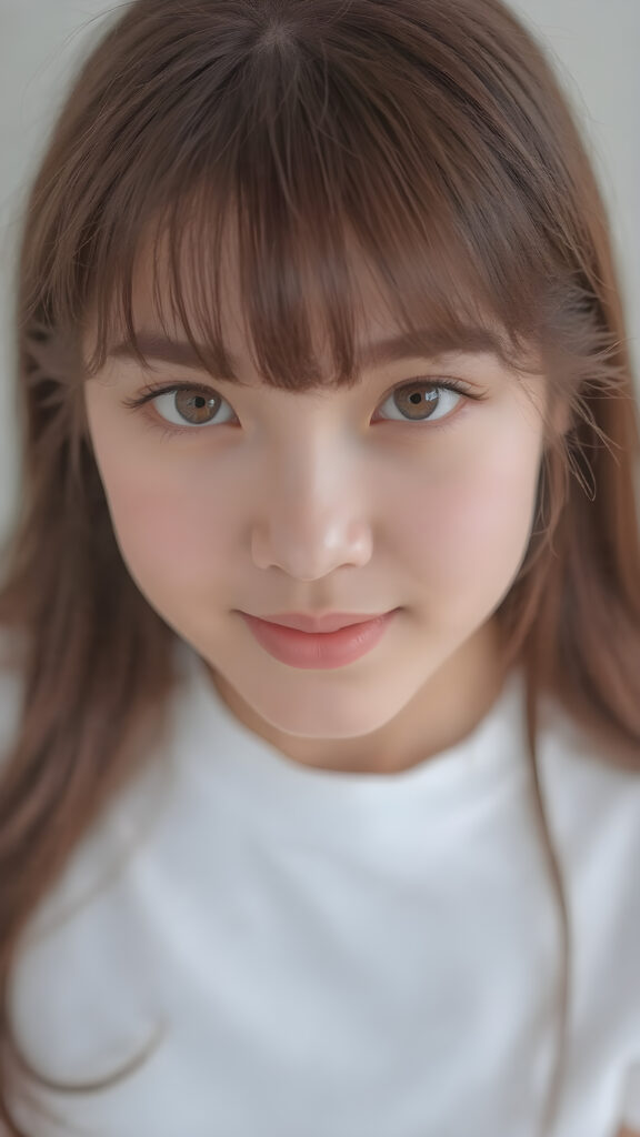 a (((cute 16-year-old Filipino girl with intricate Korean-style bangs))), featuring highly detailed, ultra realistic hair that extends beyond her shoulders. She’s clad in a (((perfectly curved and fitted white short shirt))), with a stunning face that exudes realism, complete with glowing, ultra-realistic amber eyes and delicate, detailed maroon straight hair that flows down her back. Her skin is highly detailed, with subtle wrinkles and a warm smile that draws the viewer in. Captured in an incredibly advanced image with deeply saturated colors, advanced film grain, and a soft focus that creates a sense of beauty and wonder. This advanced image represents the pinnacle of digital artistry, with unparalleled detail and advanced technology, making it a true masterpiece that pushes the boundaries of what is possible