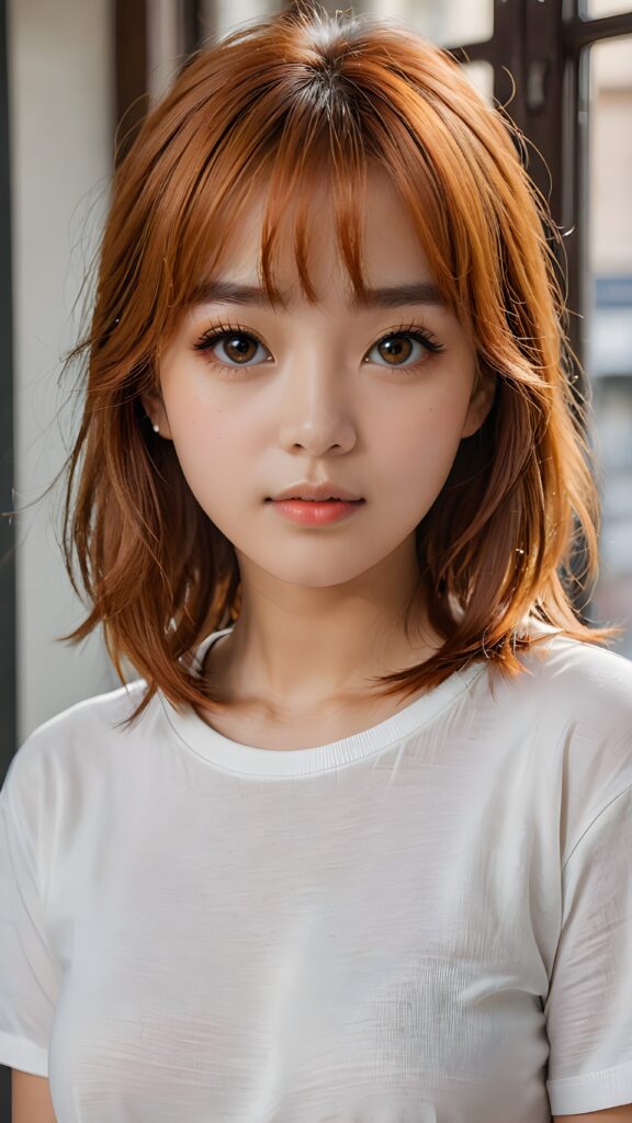 a cute 16 years old teen girl, detailed hair, Korea styled bangs, white short t-shirt, perfect curved body, ultra realistic face, realistic amber eyes, detailed orange straight hair, a stunning photo with beautiful saturation, ultra high resolution, deep shadow, (best quality, masterpiece)