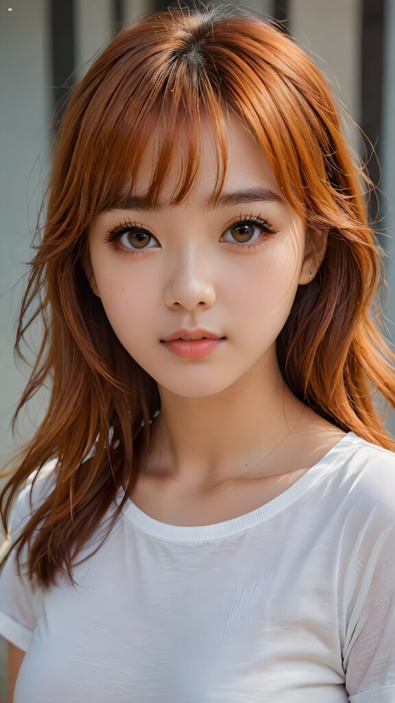 a cute 16 years old teen girl, detailed hair, Korea styled bangs, white short t-shirt, perfect curved body, ultra realistic face, realistic amber eyes, detailed orange straight hair, a stunning photo with beautiful saturation, ultra high resolution, deep shadow, (best quality, masterpiece)