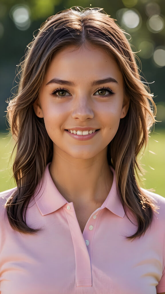 a (((cute))) (((detailed and realistic))) ((young adult)) (((female))) with long, flowing, voluminous, dark brown hair featuring blonde highlights, large, detailed and matching eyes, wearing a (((thin form-fitting plain pink polo shirt))), ((tanned skin)), (((gorgeous))), ((stunning)), ((model)), ((smiling)), (((looking into the camera))), (((wearing only skin))), ((completely covered)), ((alluring pose)), ((sunlight catching her hair)), ((face illuminated)), (((looking into the camera)))