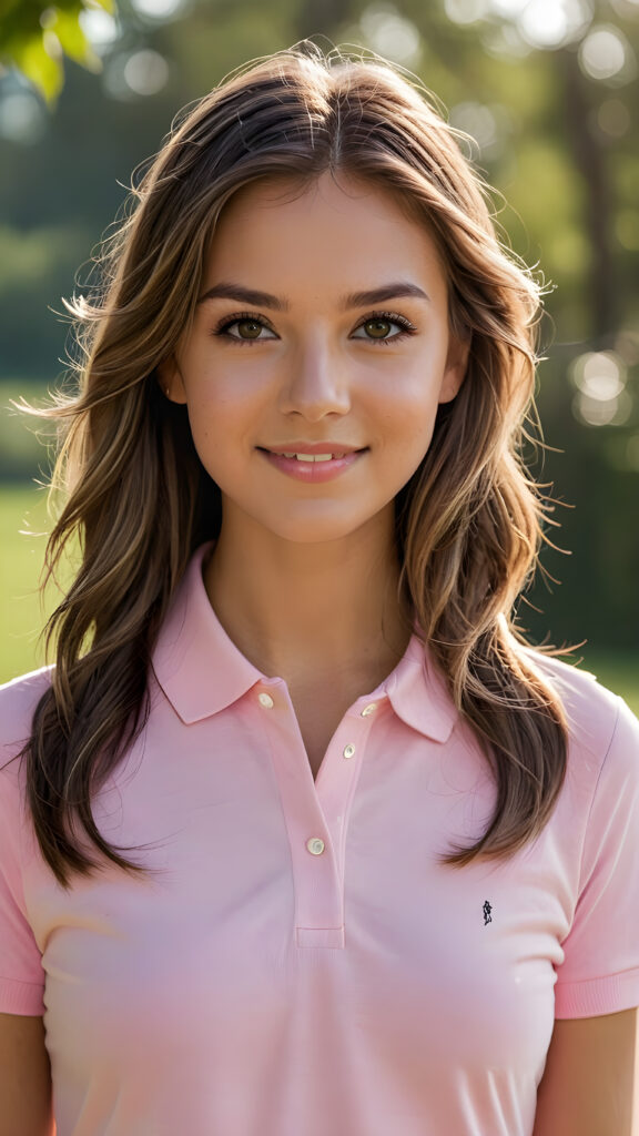 a (((cute))) (((detailed and realistic))) ((young adult)) (((female))) with long, flowing, voluminous, dark brown hair featuring blonde highlights, large, detailed and matching eyes, wearing a (((thin form-fitting plain pink polo shirt))), ((tanned skin)), (((gorgeous))), ((stunning)), ((model)), ((smiling)), (((looking into the camera))), (((wearing only skin))), ((completely covered)), ((alluring pose)), ((sunlight catching her hair)), ((face illuminated)), (((looking into the camera)))