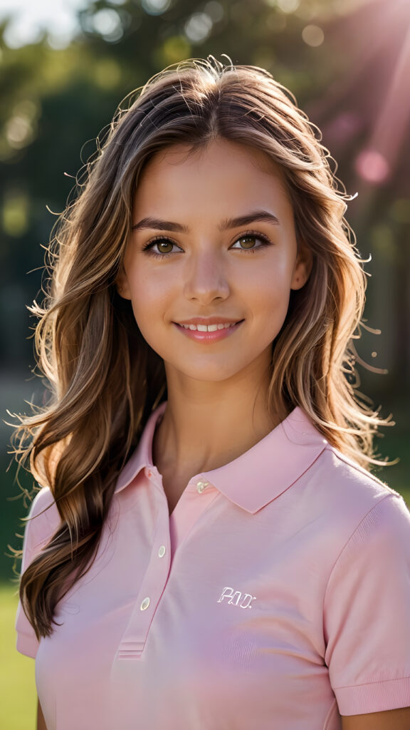 a (((cute))) (((detailed and realistic))) ((young adult)) (((female))) with long, flowing, voluminous, dark brown hair featuring blonde highlights, large, detailed and matching eyes, wearing a (((thin form-fitting plain pink polo shirt))), ((tanned skin)), (((gorgeous))), ((stunning)), ((model)), ((smiling)), (((looking into the camera))), (((wearing only skin))), ((completely covered)), ((alluring pose)), ((sunlight catching her hair)), ((face illuminated)), (((looking into the camera)))