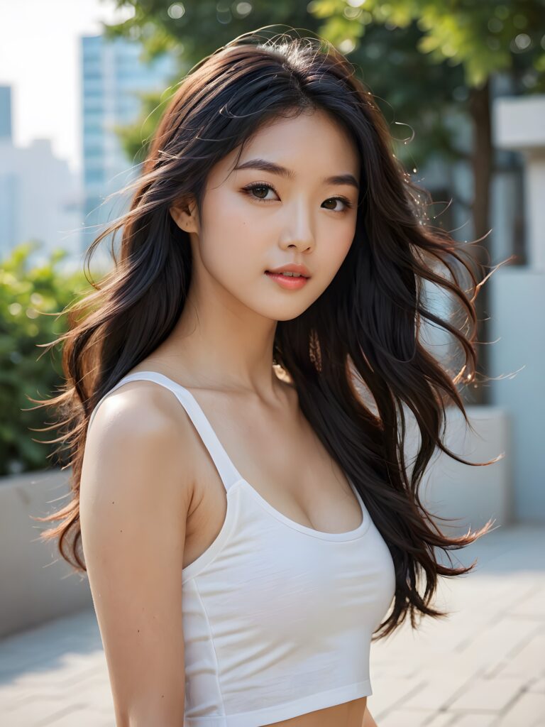 a (((cute Korean model girl))) with long, wavy black hair and flowing, side-swept bangs, wearing a white short cropped tank top, perfect curved body